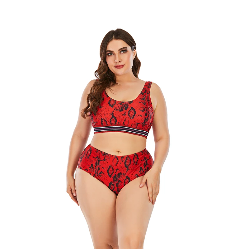 

Custom Women Plus Size Red Snake Printed Bikini Wireless High Waisted 2pcs Bikini Set Eco Friendly Recycled Nylon Swimwear