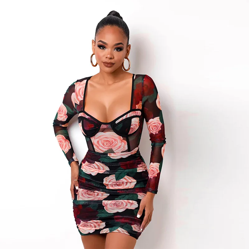 

2021 new arrivals summer collection women square collar design women mesh casual dresses