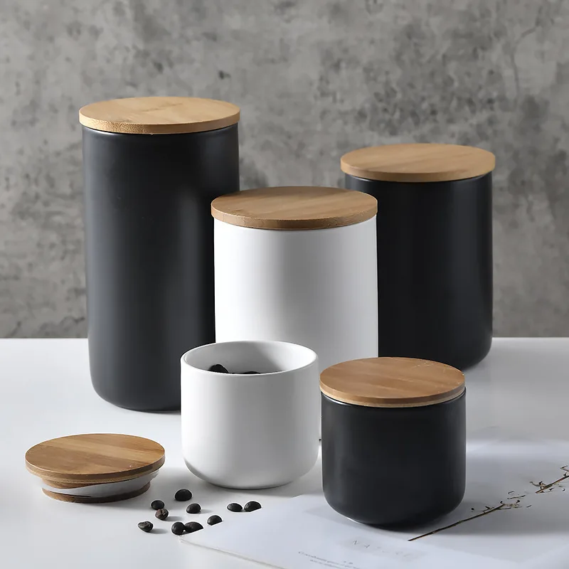 

Custom Nordic White Black porcelain ceramic tea coffee sugar canister storage bottles jars with bamboo lid, As picture