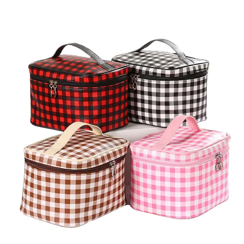 

Wholesale Trendy Vintage Plaid Makeup Bag Waterproof PU Travel Makeup bags Portable Women Cosmetic Case, Accept customized