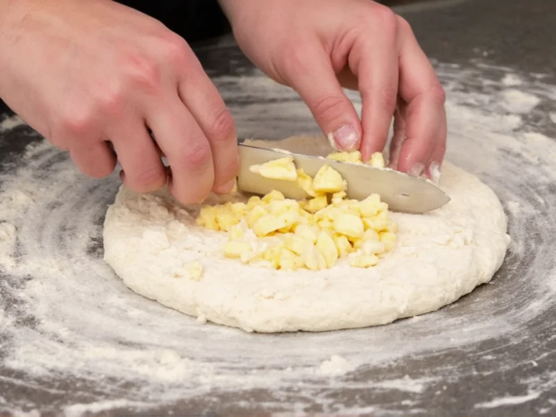 Hands cutting cold butter into flour for biscuit dough