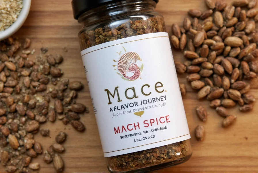 Close-up of mace stored in a labeled glass jar
