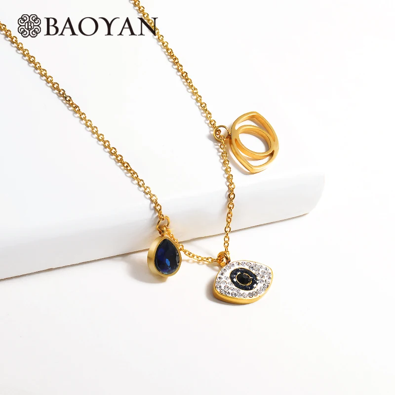 

boho stainless steel jewelry 18K Gold Plated Crystal Paved Stainless Steel Pendant Evil Eye Necklace for Women, 2 year guarantee