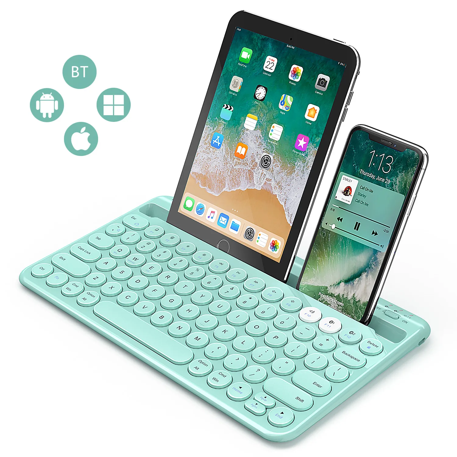 

Multi-Device Rechargeable BT Keyboard with Built-in Stand Slot Compatible with iPad Tablet Phone BT Wireless Keyboard, Green