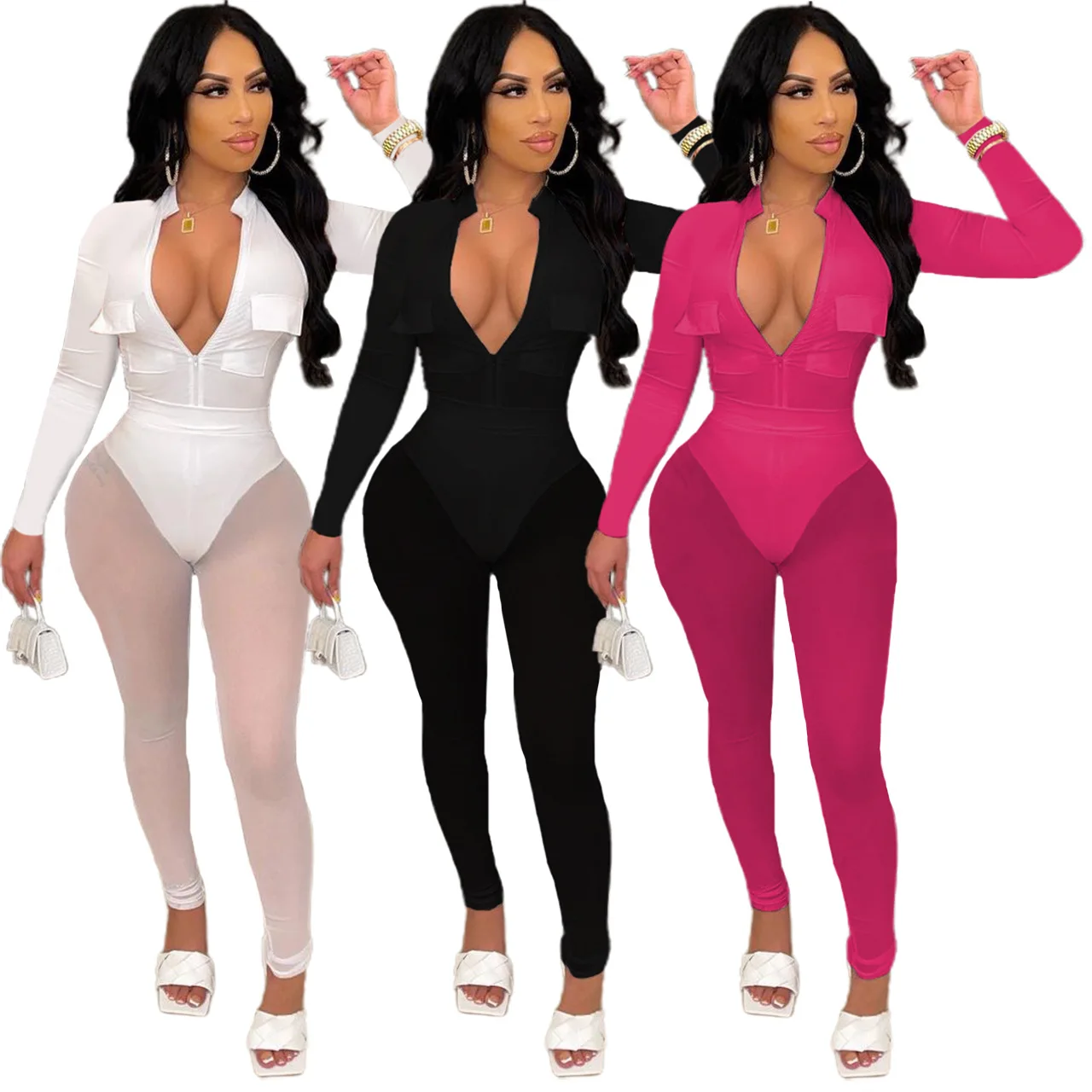 

2022 Sexy Women Clothing Solid Colors Two Piece Bodysuits Set Deep-v Long Sleeve Tops 2 Piece Leggings Sets, Picture