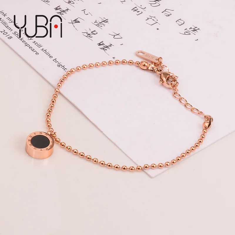 

High Quality Women Accessories Roman Numeral Coin Charm Bracelet Stainless Steel Rose Gold Beaded Chain Black Disc Charm Anklet