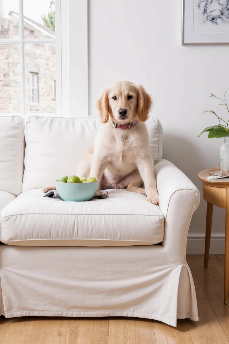 A cozy living room scene with a stylishly dressed sofa featuring a pet-friendly slipcover, a happy dog lying nearby, and elegant décor elements surrounding it.