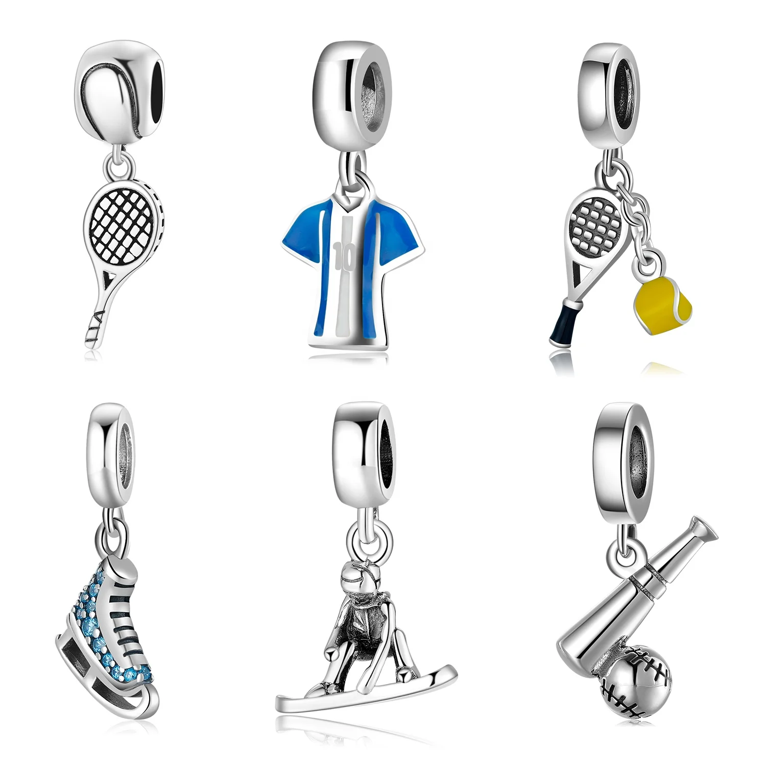 Real 925 Sterling Silver Love Sports Tennis and Rackets Pendants Fit Bracelet Jewelry Making Wholesale Lots Bulk Gift Party