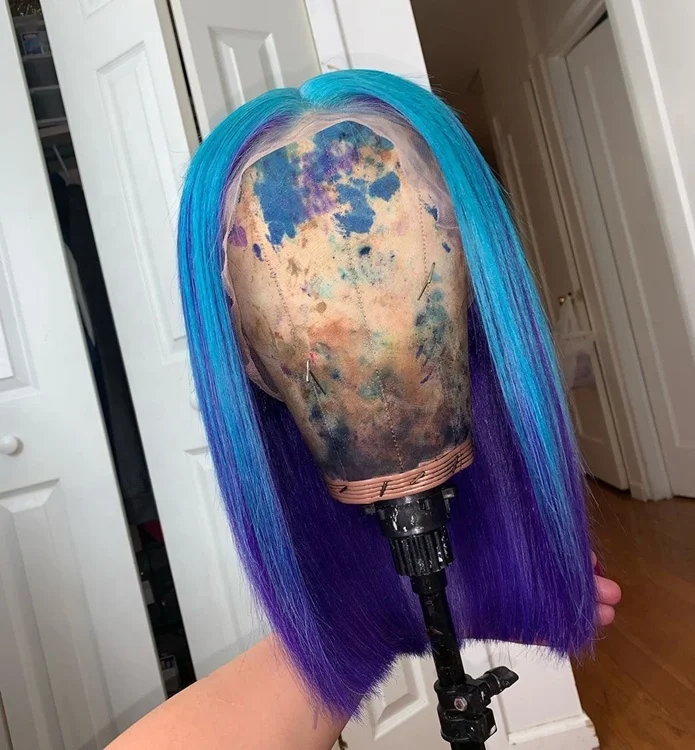 

Fashion Blue Two Tone Ombre Short Bob Bone Straight Brazilian Human Hair 13x4 Transparent Lace Front Wigs