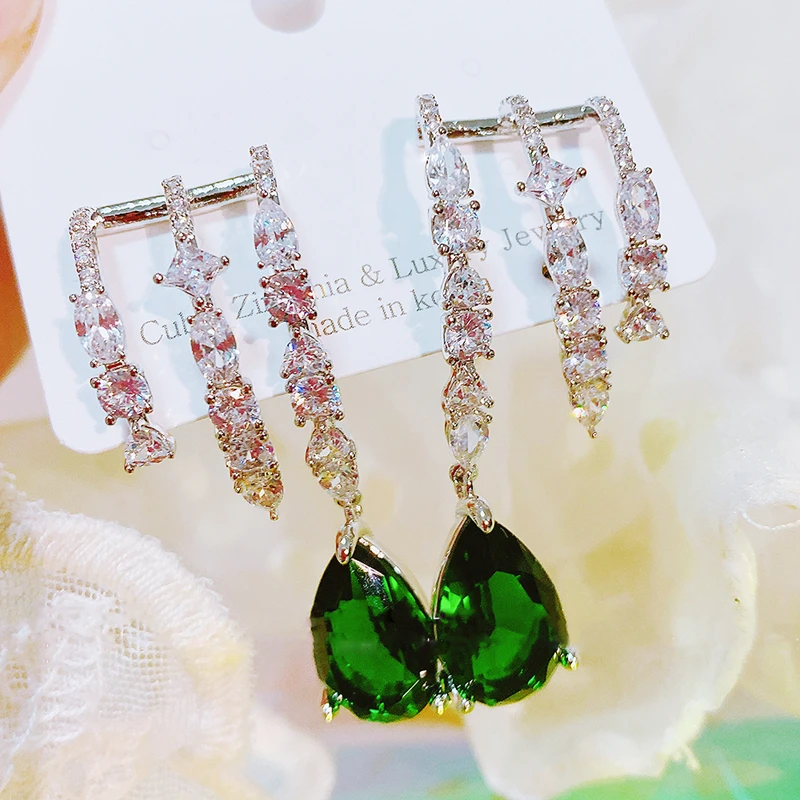 

Korean Elegant Green Waterdrop Crystal Drop Earrings For Women Girls Fashion 3 Line Zircon Oorbellen Jewelry Gifts, Picture shows