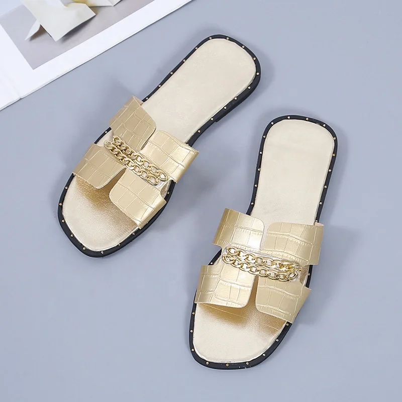 

LE SLIDES High Quality Elegant H Letter Shape Cross Strap Open Toe PU Snake Leather Flat Slipper for Women Summer Beach Sandals, Gold silver black