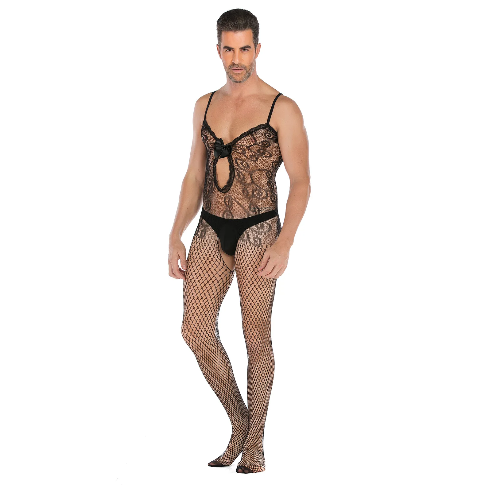 

Sexy Men Sleeveless Bodysuit bodystocking with bow Open crotch men's sexy Lingerie cosplay fishnet Bodystocking, Black