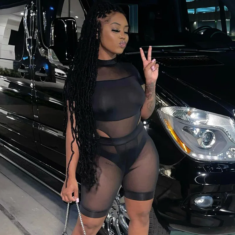 

Sexy Mesh Sheer Spliced Two Piece Set Tracksuit Women Bodysuit Shorts Summer Clothes Vacation Club Outfits Matching Sets
