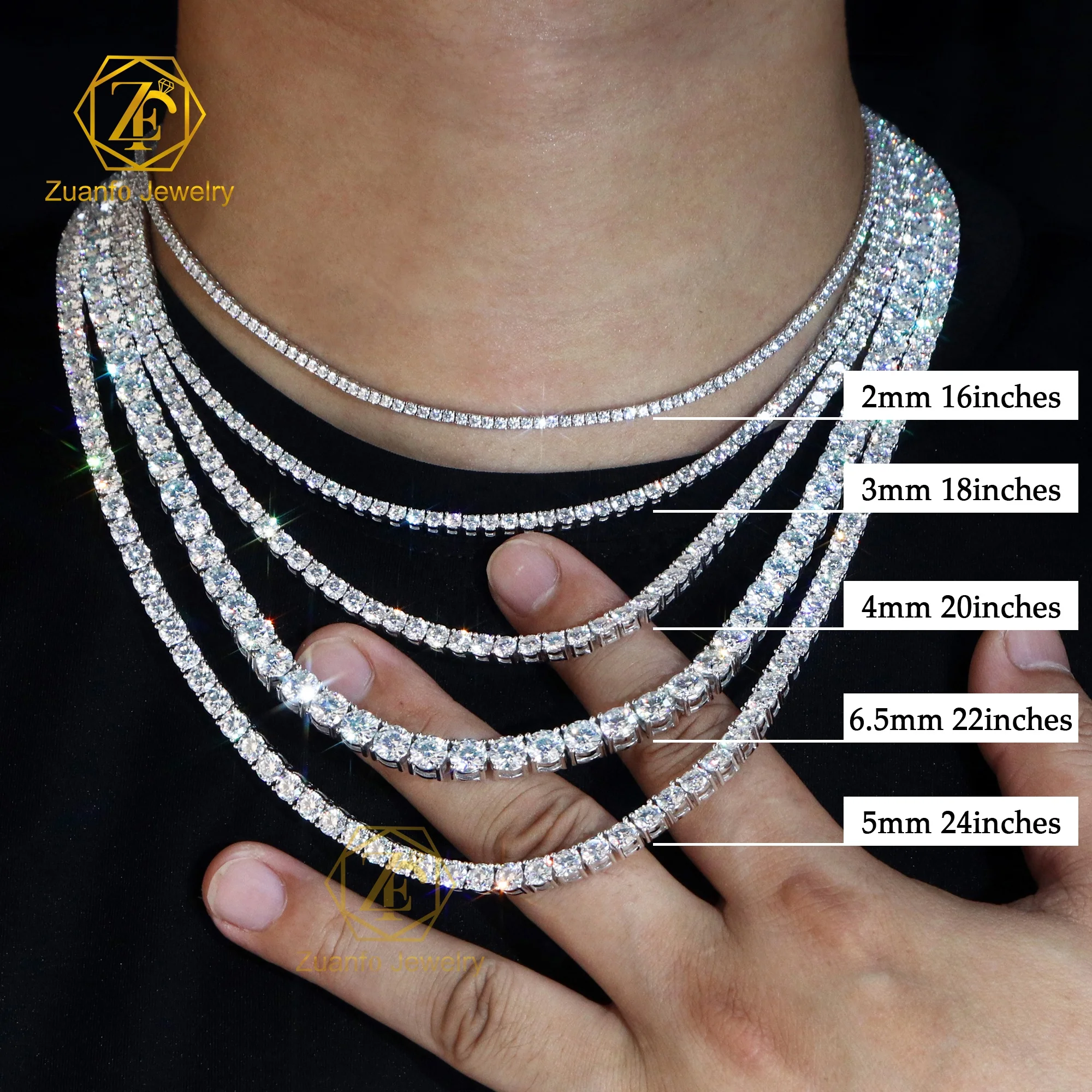 Hip Hop 925 Silver Gra VVS Moissanite Diamond Tennis Chain 3MM 4MM 5MM Necklace Bracelet for Men and Women Hiphop Jewelry