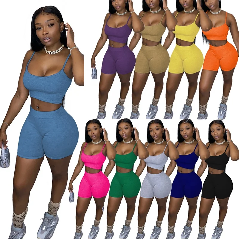 

2021 Summer Outwer Clothes 2 Sets Women Tight Short Solid color Sling Vest Jogger Sweatshirt