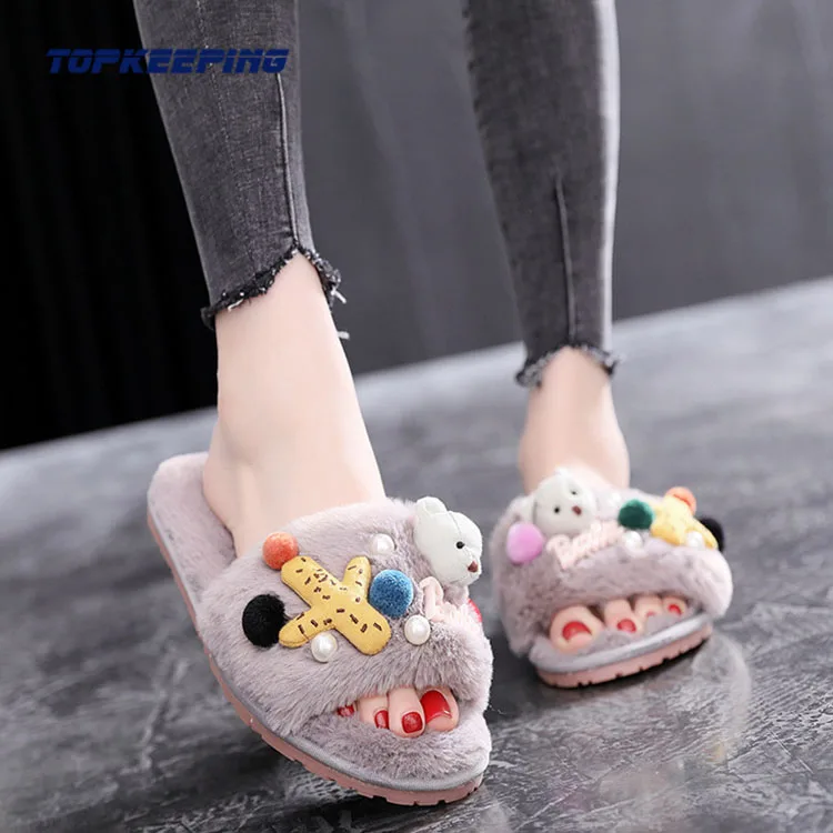 

2D0052 Outdoor Woman Female Fluffy Plush Warm Fur Shoes Slipper