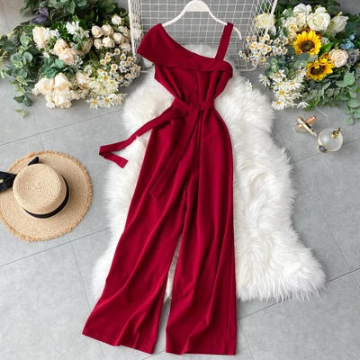

2019 New Style women one shoulder long jumpsuits with belt