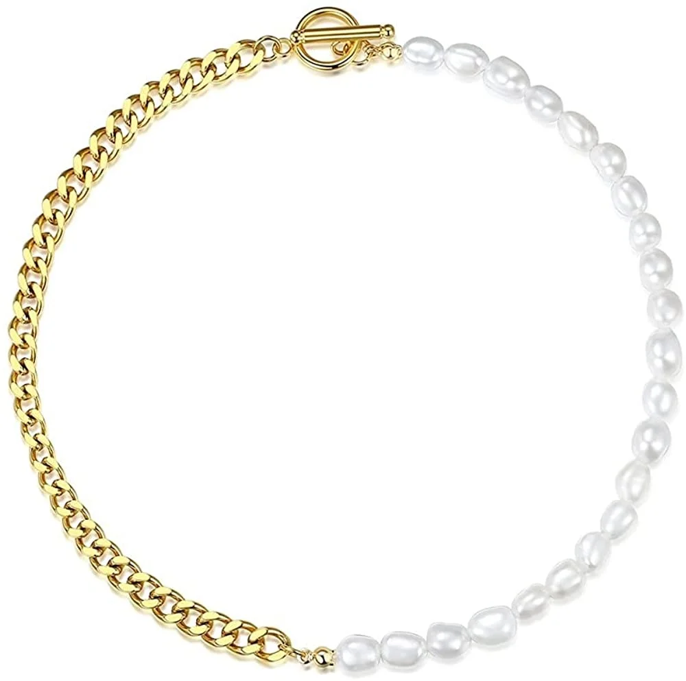 

Pearl Necklace 18K Gold Handmade Pearl Choker Cuban Link Chain Women Girls, As picture