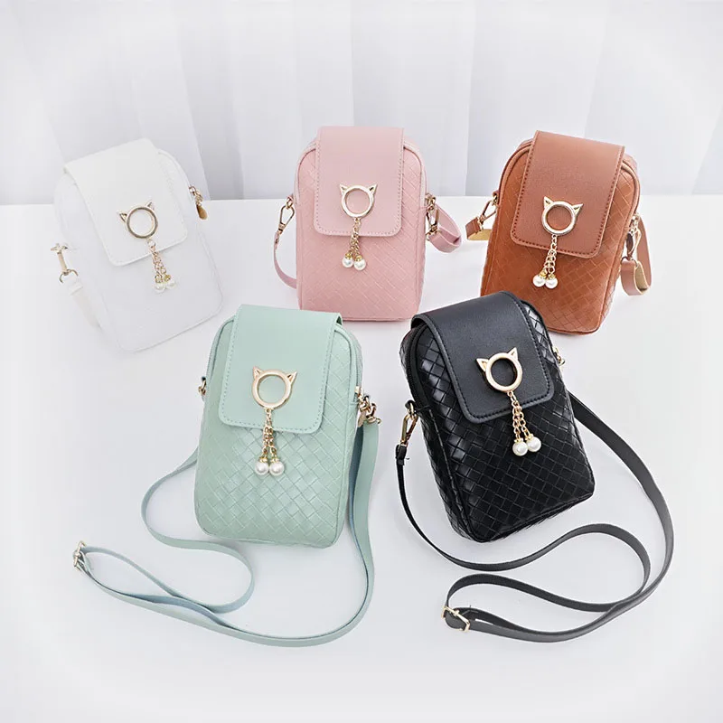 

New Lady Cat Ear Pearl Pendant Handbag Pu Leather Shopping Dating Mobile Phone Bag