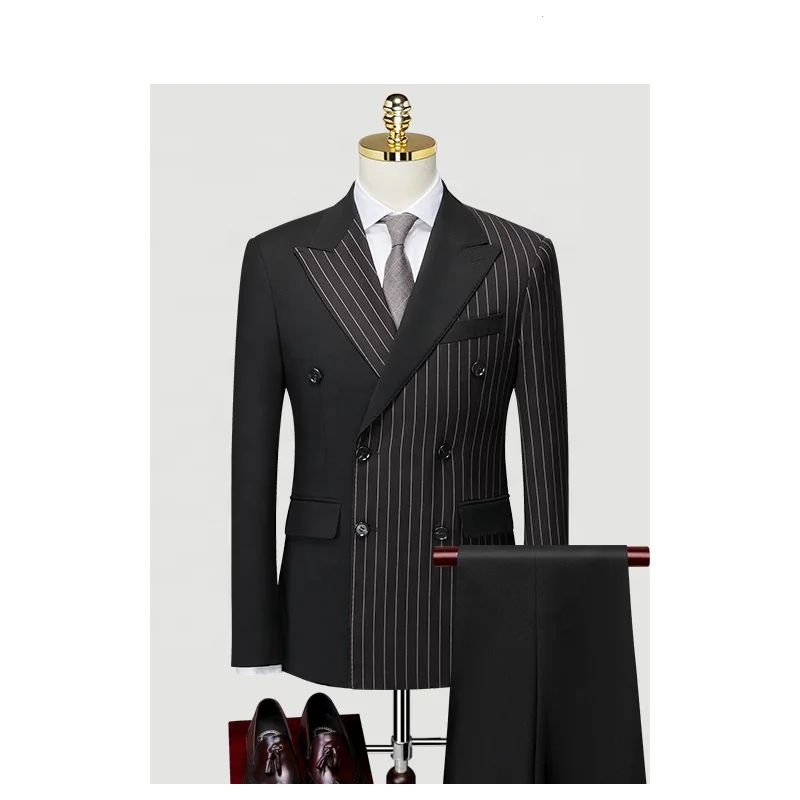 

New Fashion 2 Pieces Jacket Pants Striped Double Breasted Black Big Size Formal Business Wedding Men Suits