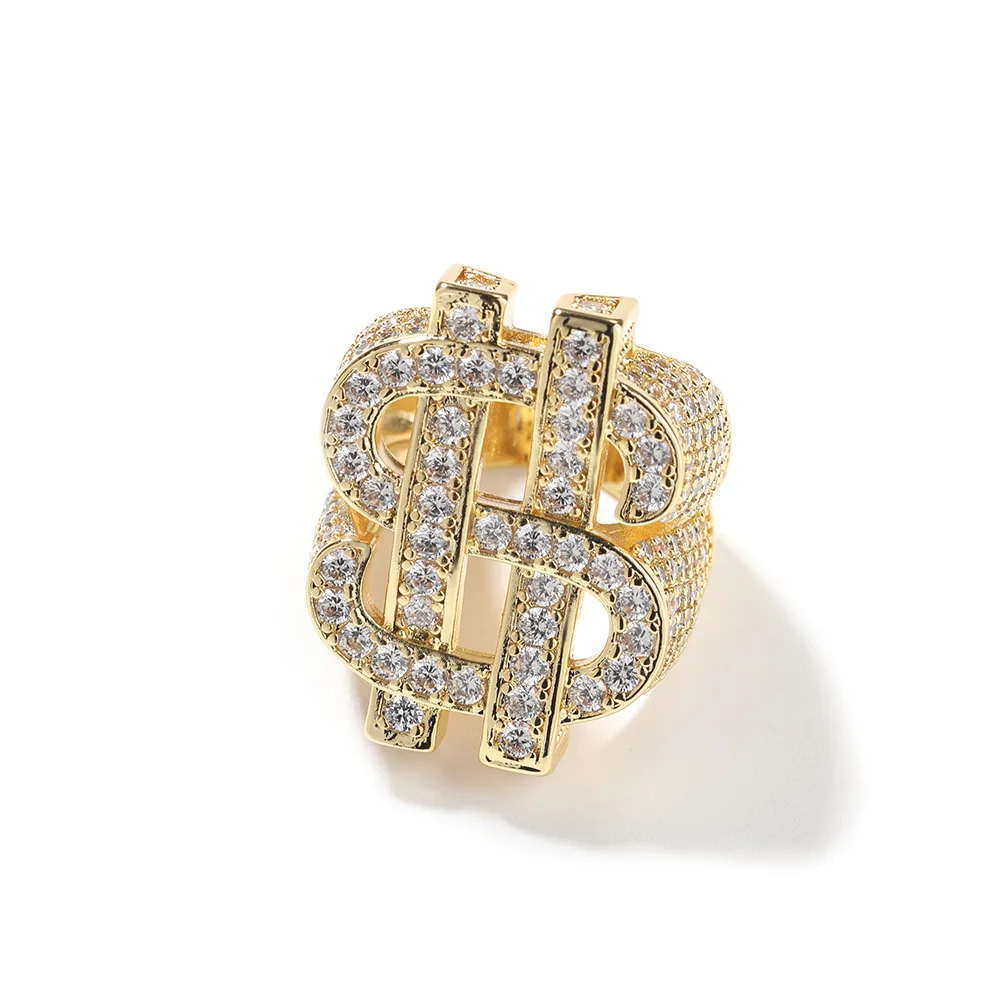 Wholesale Iced Out Cz AAAAA Cubic Zirconia Dollar Sign Dollar Ring HipHop Trendy 18K Real Gold Plated Ring Punk Jewelry for Men