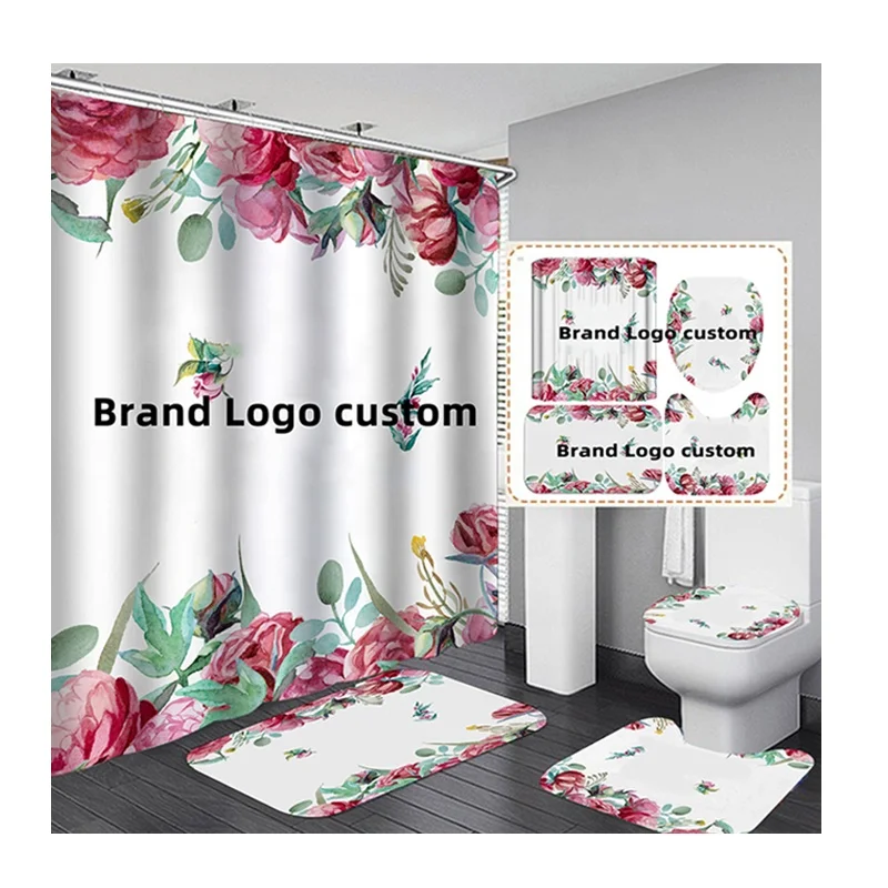 

Customized Shower Curtain Brand Name Logo Bath Set, Bathroom Mat Set With Shower Curtain, Luxury Shower Curtain Sets