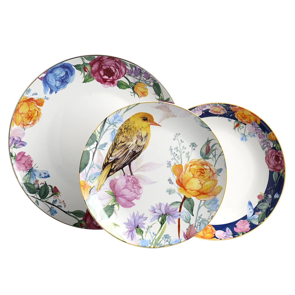 China Supplier 12 Piece Luxury Bird Printed Tableware Crockery Gold Rim ...