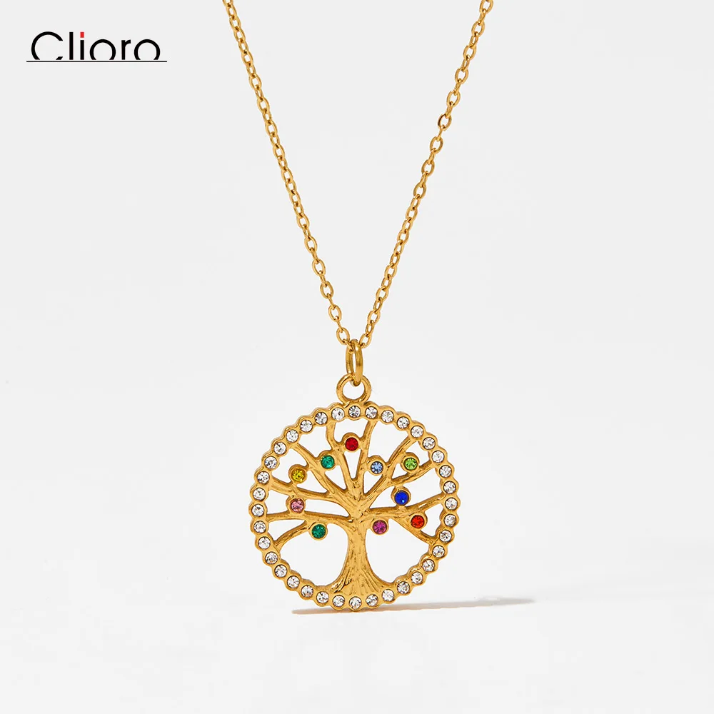 

Wholesale Tree of Life Mother's Pendant PVD Gold Plated Jewelry Colorful CZ Stainless Steel Waterproof Charm Necklace For Women