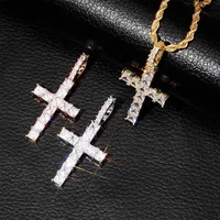 

Iced Zircon Baguette Cross Pendant With 4mm Tennis Chain Men's Hiphop Jewelry Necklace Gold Silver Rose AAA+ CZ Pendant Necklace