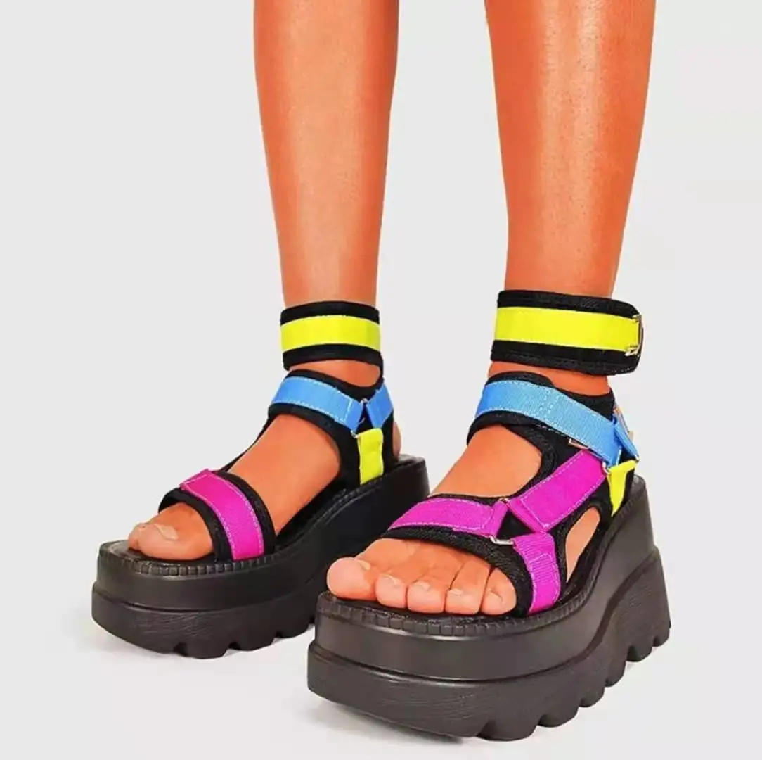 

Women Round Toe High Platform Summer Shoes Big Size Casual Thread Thick Sole Flat Sandals Wedge Heel Sandals, Picture
