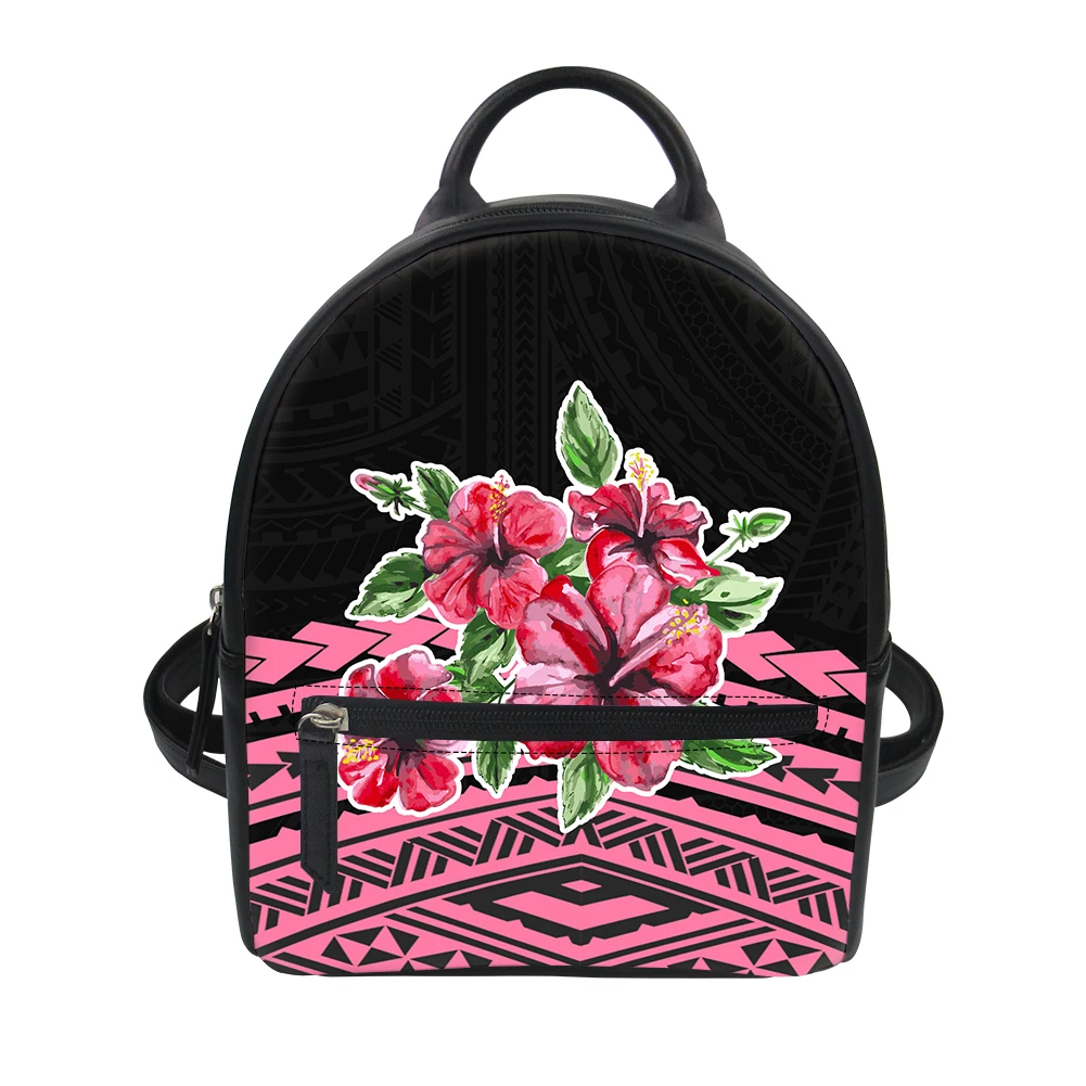 

Beautiful Pink Hibiscus Flowers Print Bags For Women Fashion Mini Backpack Polynesian Tribal Leather PU Shoulder Bag Wholesale