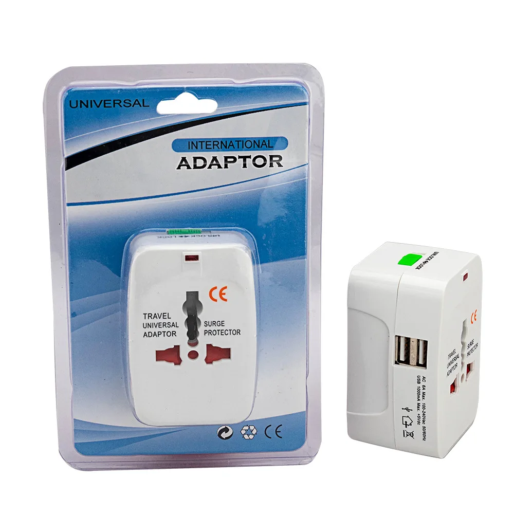 

Worldwide global Universal travel adapter dual usb multi plug travel charger 2USB Plugs Power Charger with Blister package