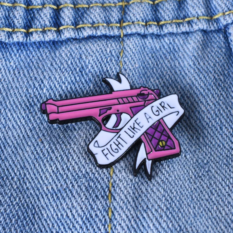 

20365-5 Fight Enamel Pin Custom Lipstick Gun Magic Wand Dagger Brooch Lapel Pin Shirt Bag Pink Badges Feminist Jewelry Gift