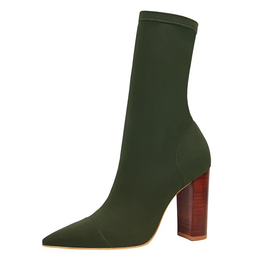 

MId-Calf Stretch Sock Elastic Material Chunky Heel Boots Ankle Women Booties, Black, green, apricot