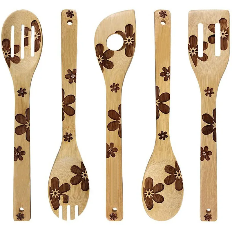 

Fun Gift Idea Christmas Decoration Kitchen Supplies 5 Pieces Set Wooden Serving Spoon Burned Bamboo Cooking Utensils with Holder, Light natural wood