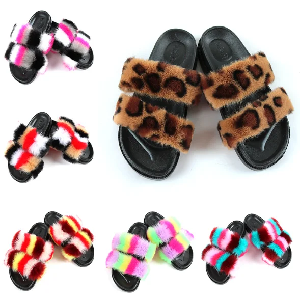 

Hot-selling fox fur slippers double strap imitation fur slippers thick sole flat heel women's slippers, 40 colors