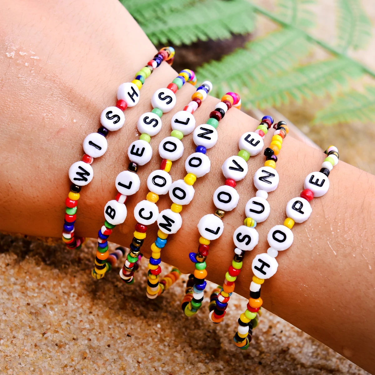 

Colorful Seed Beads Charm Letter Bracelet Fashion Stretchy Hope Bless Bohemian Chic Friendship Pulseras Femme, Picture
