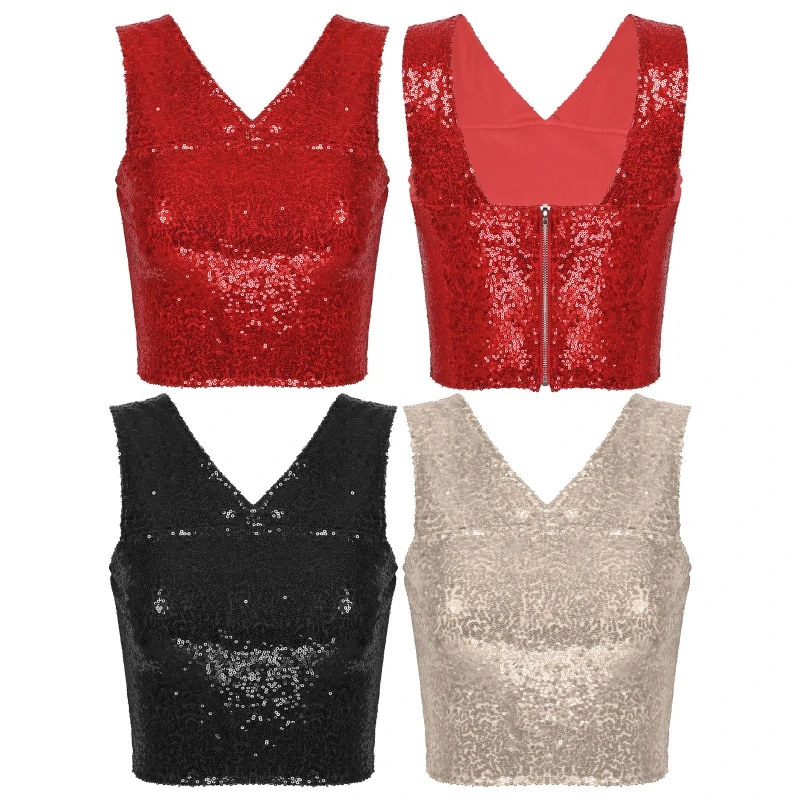 

Hot Sequin Tank Tops Womens Sleeveless Camisole Slim Fit Back Zipper Vest Top