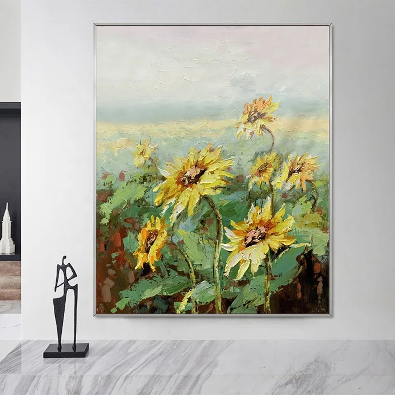 Hand Painted Original Modern Thick Texture Sunflower Oil Painting on Canvas Abstract Wall Art Frame by JZ Arts