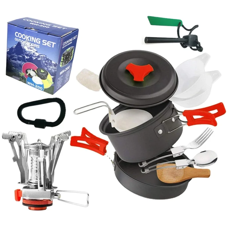 

Portable Outdoor Picnic Hiking Camping 1-2 Person Cookware Set Pot and Gas Stove Combinate Cooker For Outdoor Camping Cooking, Orange/green/black/red