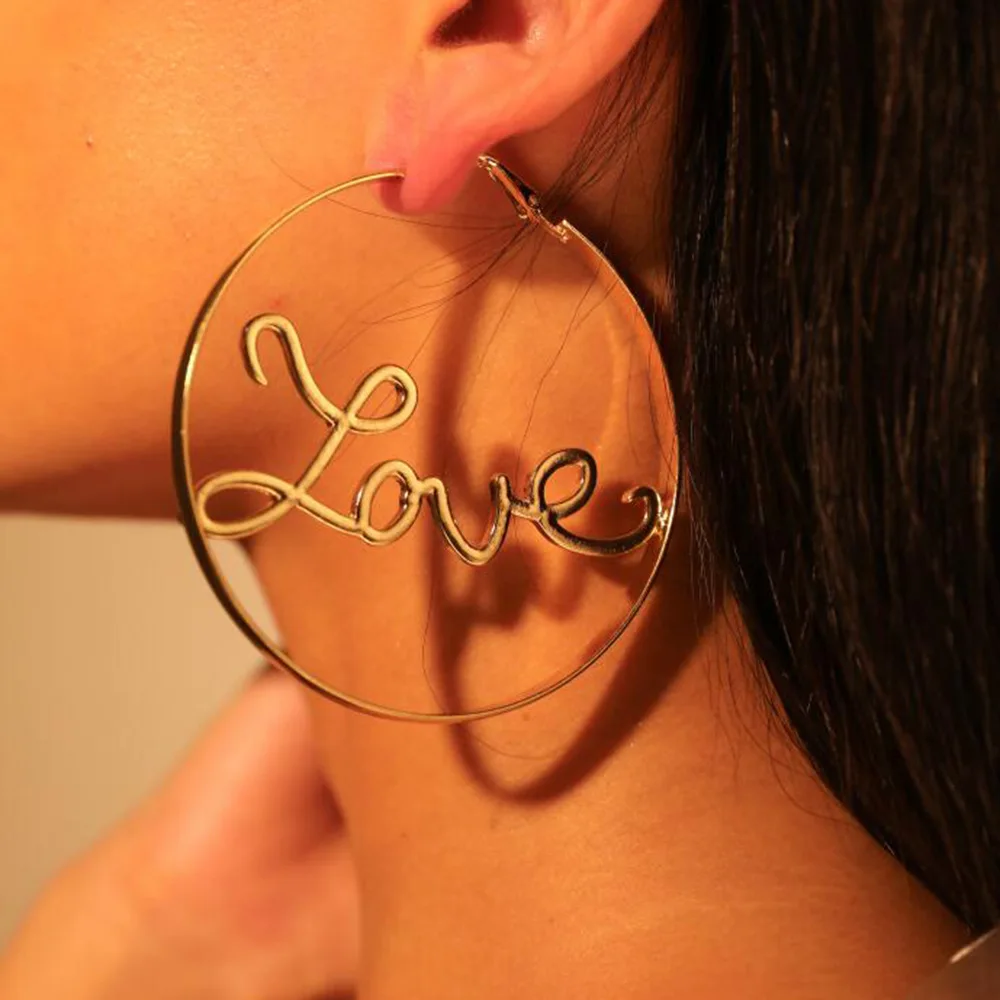 

JL Summer Hollow Word Love Hoop Earrings, Bohemian Geometric Big Circle Letters Earrings For Women, Gold