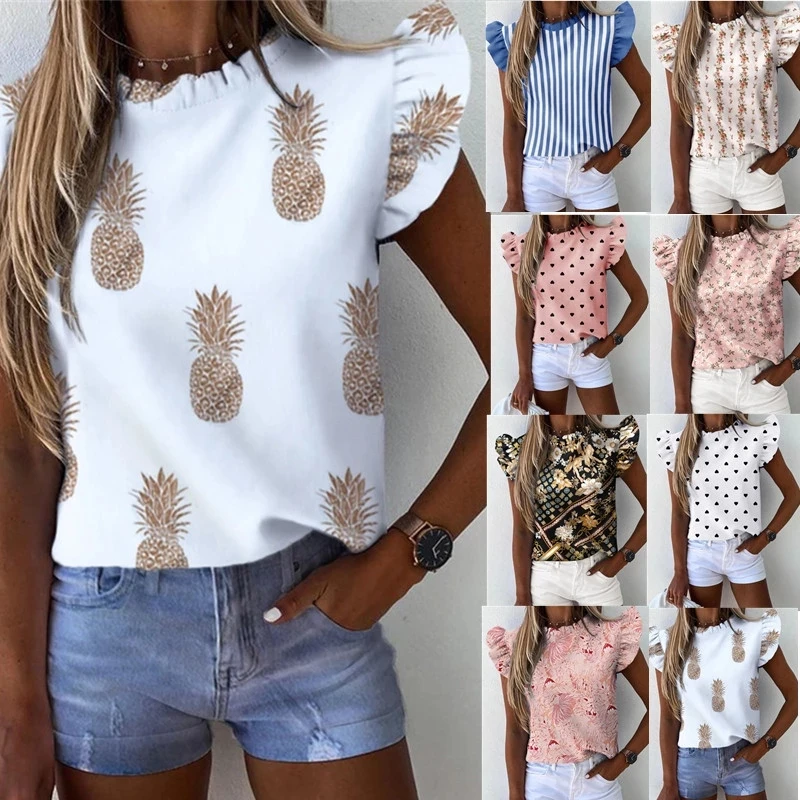 

Women Pineapple Floral Print Ruffle Blouse 2021 Summer Butterfly Sleeve Shirt Elegant Office Lady O-Neck Tops Blusa Streetwear, Picture