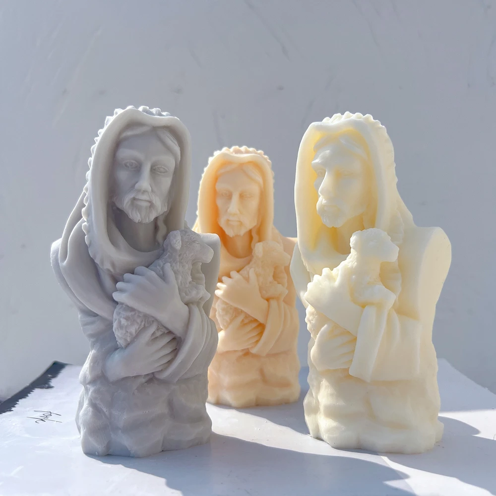 Jesus Christ Holding Lamb Statue Silicone Mold Unique Bust Sculpture Soy Wax Candle Mould Greek Mythology Home Decor
