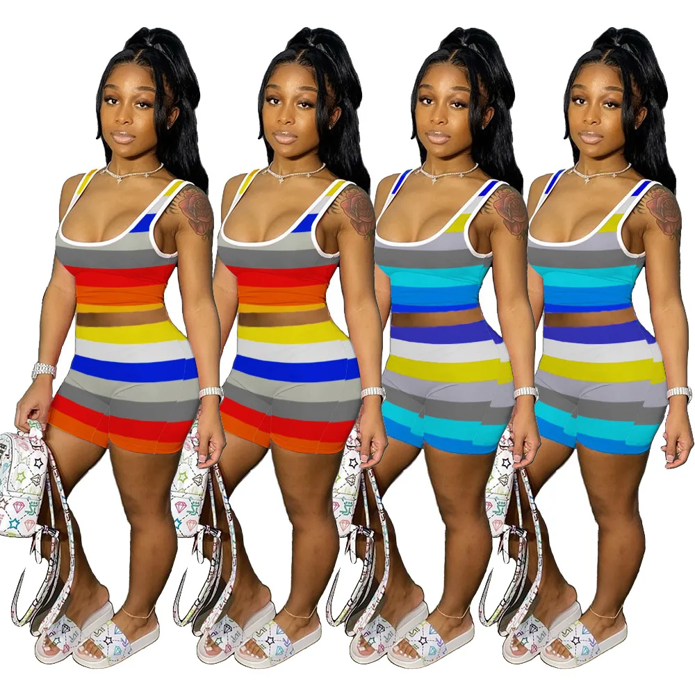 

FM-D9278 Hot Selling Sports Strip Vest Crop Top Set Summer Sports Quick Drying Vest 2 Piece Shorts set For Training Women