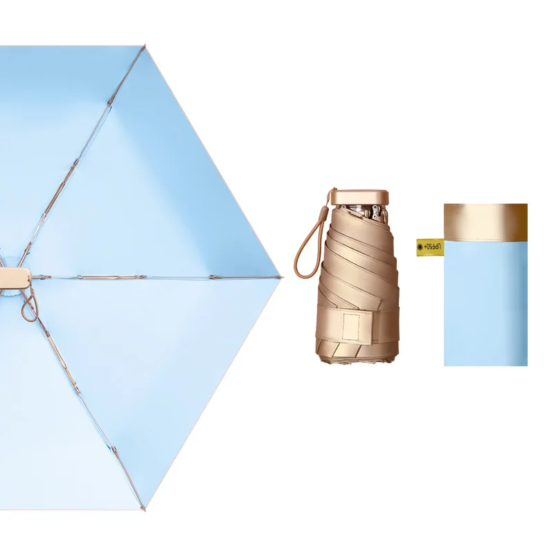 

LOTUS Good Quality Sky Blue Color Lady Golden Coating Frame MINI 5 Fold Portable Sun Umbrella for Summer