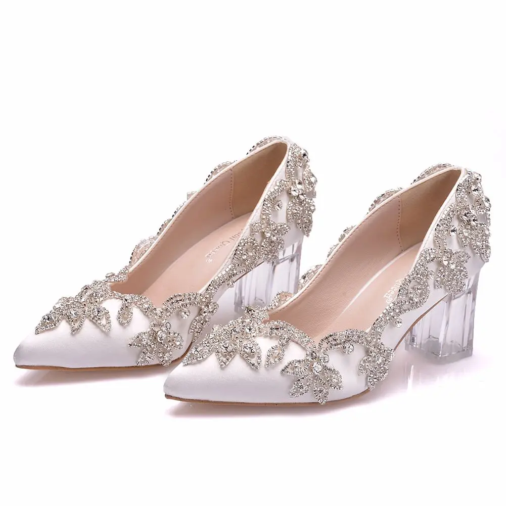 

6cm white Low hoof heel pointed toe Rhinestone wedding party pumps shoes women Silk Satin Low heels bridal shoes