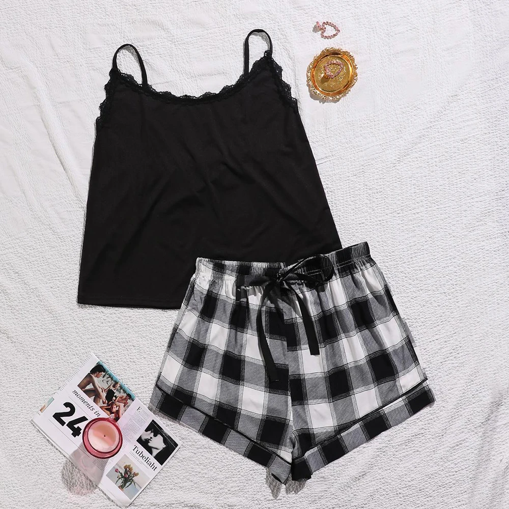 

Casual home wear hot sexy nighties 4xl plus size night wear sleepwear camis top and short pajamas set for fat women ladies girls, Black and white plaid