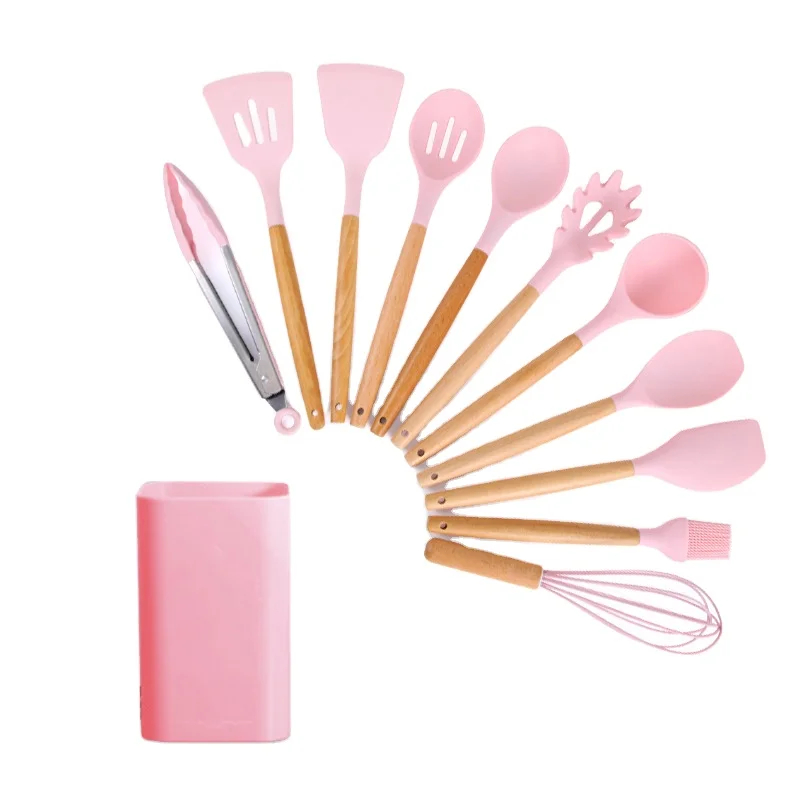 

Hot sale in amazonWooden handle silicone kitchen utensils kit non stick cookware set cookware sets, Customized