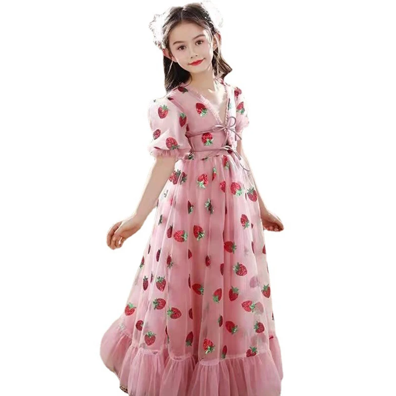 

Sweet And Cute Children's Clothing Puff Sleeves High Waist Sequin Embroidery Ruffled Kid Girl Maxi Dress