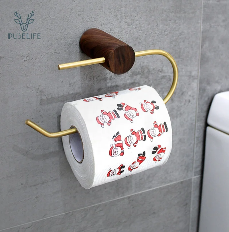 

Hot Sale Wooden Toilet Paper Holder Wall Mount Tissue Brass Roll bathroom tissue Holder with phone shelf